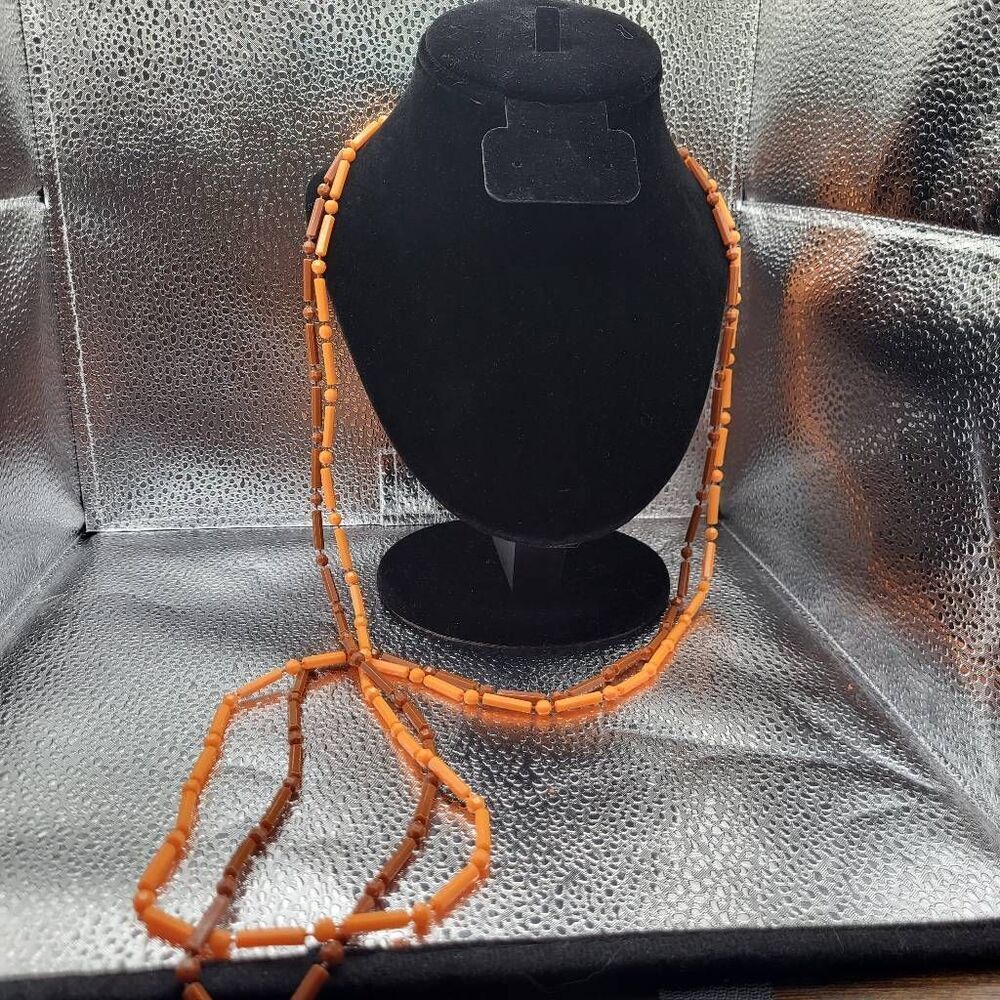 Vintage 70s Orange & Brown Long Acrylic Beaded Necklace "Hong Kong" -42"